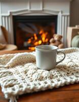 Warm cozy atmosphere with a cup of coffee beside a crackling fireplace in a rustic living room photo