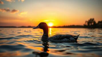 Duck swims calmly in a shimmering lake at sunset with vibrant colors reflecting off the water's surface photo