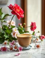 Enjoying coffee with vibrant flowers in a sunlit room surrounded by blooming plants and colorful petals photo