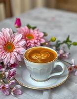 Coffee cup surrounded by colorful flowers on a table during a cozy morning setting photo