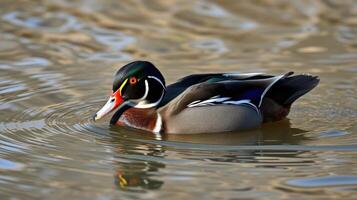 Wood duck swimming gracefully in a tranquil pond surrounded by gentle ripples at sunrise photo