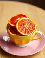 Brightly colored slices of orange stacked in a decorative cup on a pastel plate in a cozy setting photo