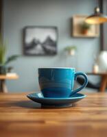 Bright blue coffee cup on wooden table in modern cafe setting with artwork in background photo
