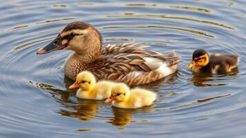 Duck with ducklings swimming in a serene pond during a sunny day photo
