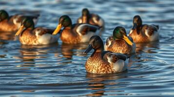 Group of mallard ducks swimming gracefully in a serene lake during golden hour at sunset photo