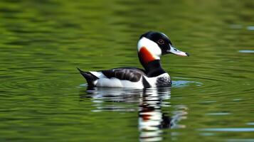 Colorful duck swimming gracefully in a serene pond surrounded by lush greenery photo