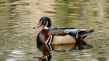 Colorful wood duck swimming gracefully in a serene pond during a sunny day photo