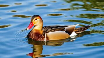 Beautiful duck swimming gracefully in a serene pond during a sunny day photo