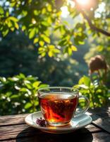 Warm cup of tea sits on a wooden table surrounded by lush greenery during a sunny afternoon photo