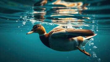Duck swimming gracefully in clear water under bright sunlight during a tranquil afternoon photo