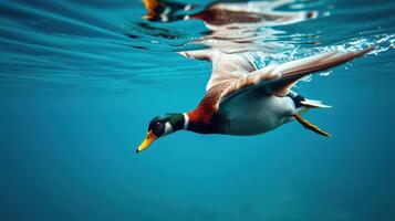 Duck swims gracefully underwater in serene blue waters surrounded by tranquility and natural beauty photo