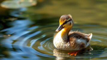 Duckling swims gracefully in a tranquil pond surrounded by rippling water and lush greenery during a sunny day photo