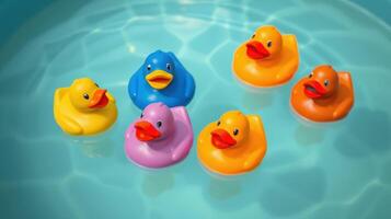 Colorful rubber ducks floating in a blue pool during a sunny day photo