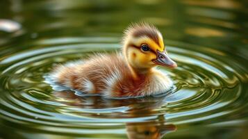 Duckling swims gracefully in a tranquil pond surrounded by rippling water at sunrise photo