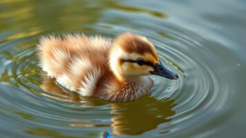 Duckling swimming in a calm pond during a sunny afternoon in a natural setting photo