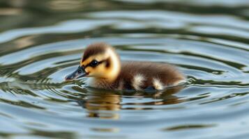 Cute duckling swimming in calm water surrounded by gentle ripples on a sunny day photo