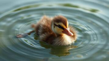 Duckling swims peacefully in tranquil water surrounded by gentle ripples at a serene pond during golden hour photo