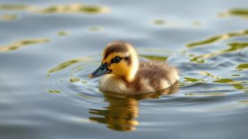 Duckling swims gracefully in calm water surrounded by ripples and reflections in the serene afternoon light photo