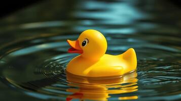 Bright yellow rubber duck floating on calm water creating ripples in a serene setting photo