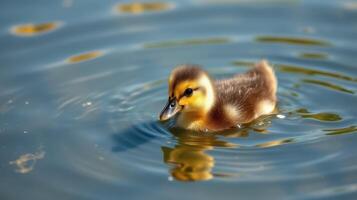 Duckling swims in serene water with gentle ripples and vibrant reflections on a sunny day photo