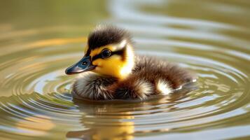 Duckling swims peacefully in a calm pond during a sunny afternoon near a lush green bank photo