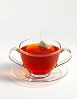 Hot tea in a clear cup with a tea bag resting on the rim during a cozy afternoon setting photo