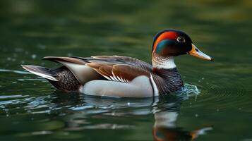 Colorful wood duck swims gracefully in a serene pond surrounded by lush greenery photo