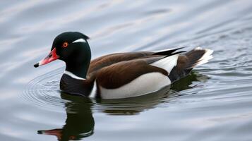 Male duck swimming gracefully on a calm lake, displaying vibrant plumage and clear reflections during a sunny afternoon photo