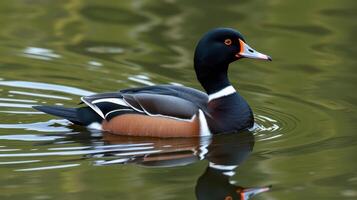 Beautiful male harlequin duck swimming calmly in a serene pond during a sunny day photo