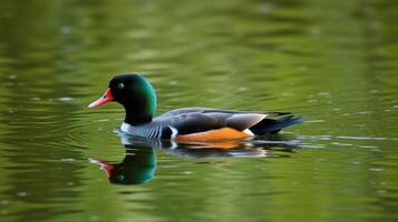 Colorful duck swims gracefully across tranquil waters in a serene natural setting photo
