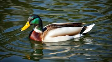 Male mallard duck swimming in a serene pond surrounded by lush greenery during a sunny day photo
