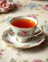 Delicate tea cup filled with vibrant tea on floral tablecloth setting photo