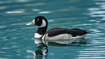 Hooded merganser swimming in tranquil waters reflecting sunlight and creating gentle ripples photo