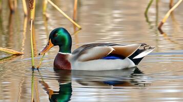 Male duck swims calmly in a serene pond surrounded by tall grasses during a sunny afternoon in early spring photo