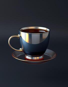 Elegant black tea cup and saucer set displayed against a dark background in a minimalist setting photo