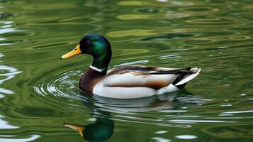 Mallard duck swims gracefully in a serene pond reflecting lush greenery around it during a calm afternoon photo