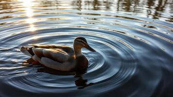 Duck swimming calmly in serene water with ripples reflecting sunlight during golden hour photo