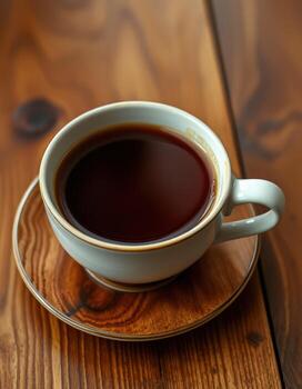 calentar taza de café metido en de madera mesa con rústico textura y natural Encendiendo en acogedor ajuste foto