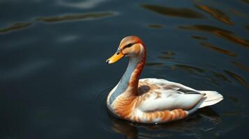 Colorful duck swims gracefully in calm water reflecting soft light during early morning hours photo