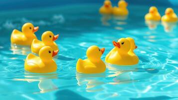 Colorful rubber ducks float joyfully in a clear blue pool under the warm sunlight on a bright summer day photo