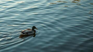 Duck swimming peacefully on a serene lake surrounded by gentle water ripples in the late afternoon sunlight photo
