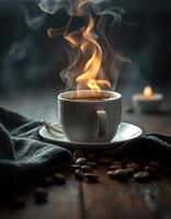 Warm coffee cup with steam rising and scattered coffee beans on a wooden table in a cozy setting photo