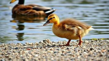Cute duckling walking along the shore while adult ducks swim in the background at a peaceful lake in summer photo