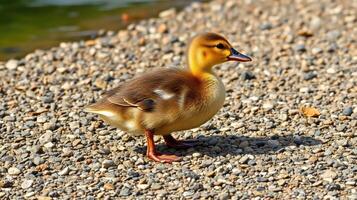 Cute duckling walking along the pebbled shore of a peaceful pond in bright sunlight during spring photo