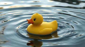 Rubber duck floats serenely on calm water surface creating gentle ripples at sunset photo