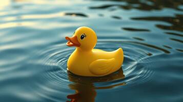 Bright yellow rubber duck floating on calm water at sunset in a serene outdoor setting photo