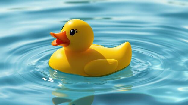 Bright yellow rubber duck floating on calm blue water in a tranquil setting during sunny weather photo