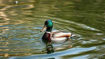Male mallard duck swimming gracefully on a serene pond during golden hour in a natural setting photo
