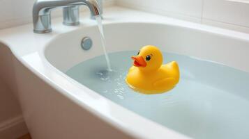 Bright yellow rubber duck floats in a bathtub filled with water during a relaxing bath time photo