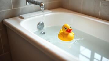 Rubber duck floats in a modern bathroom bathtub filled with warm water during a relaxing evening photo
